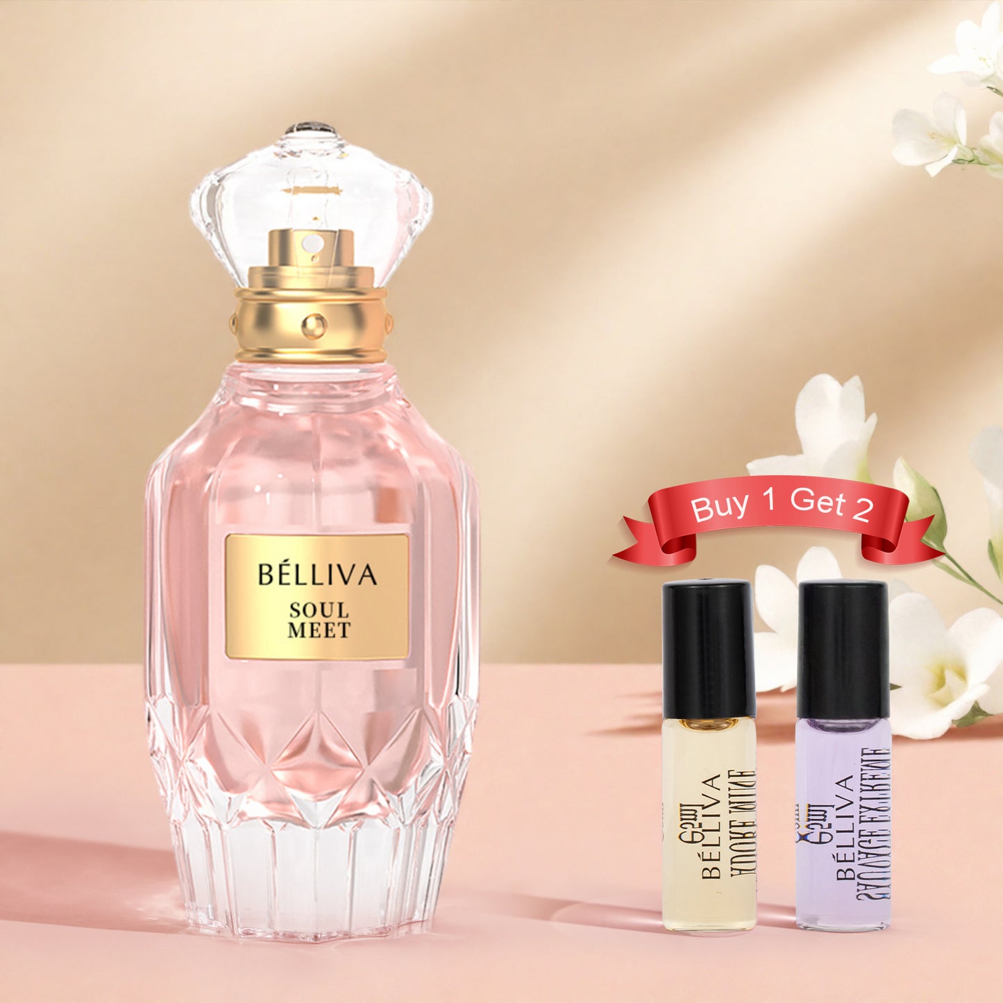 BELLIVA Soul Meet 50ml Women's Eau De Parfum+2 x 5ml Fragrance Roller Balls,Long Lasting Fresh Floral and Fruity Scented Perfume