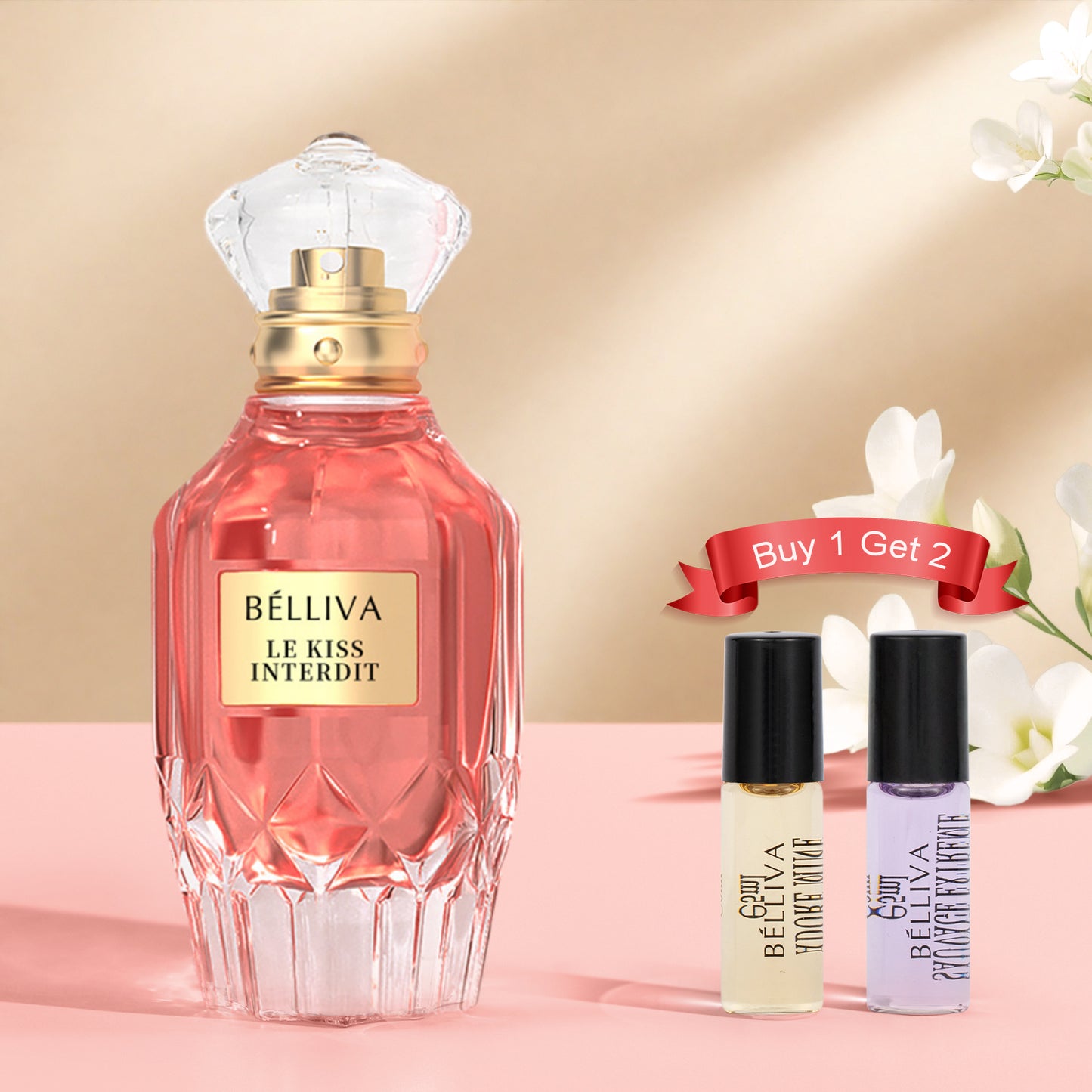 BELLIVA Le kiss Interdit 50ml Women's Eau De Parfum+2 x 5ml Fragrance Roller Balls,Long Lasting Fresh Floral and Fruity Scented Perfume