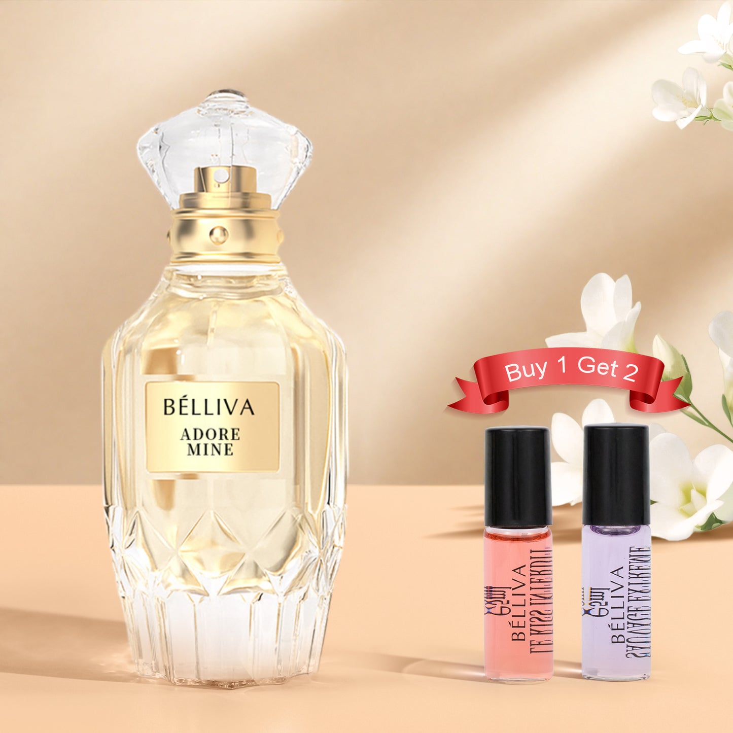 BELLIVA Adore Mine 50ml Women's Eau De Parfum+2 x 5ml Fragrance Roller Balls,Long Lasting Fresh Floral and Fruity Scented Perfume