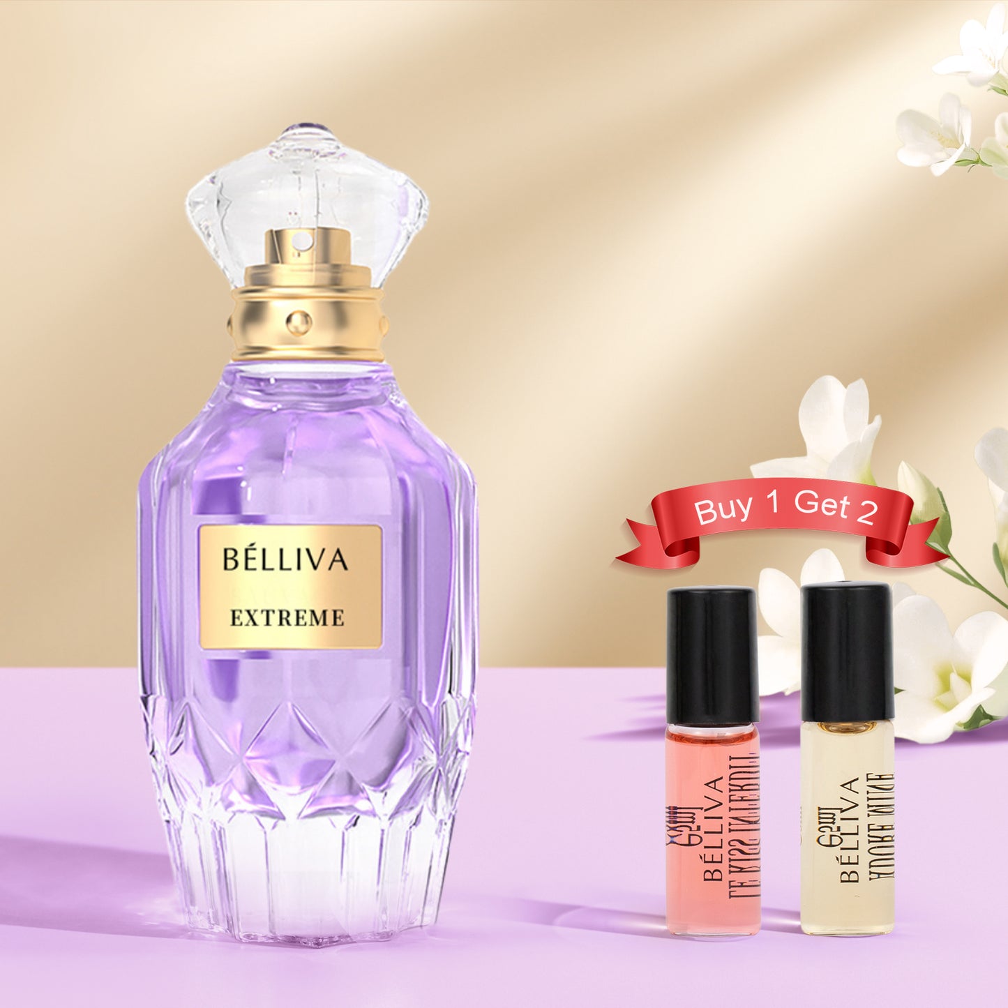BELLIVA Extreme 50ml Women's Eau De Parfum+2 x 5ml Fragrance Roller Balls,Long Lasting Fresh Floral and Fruity Scented Perfume