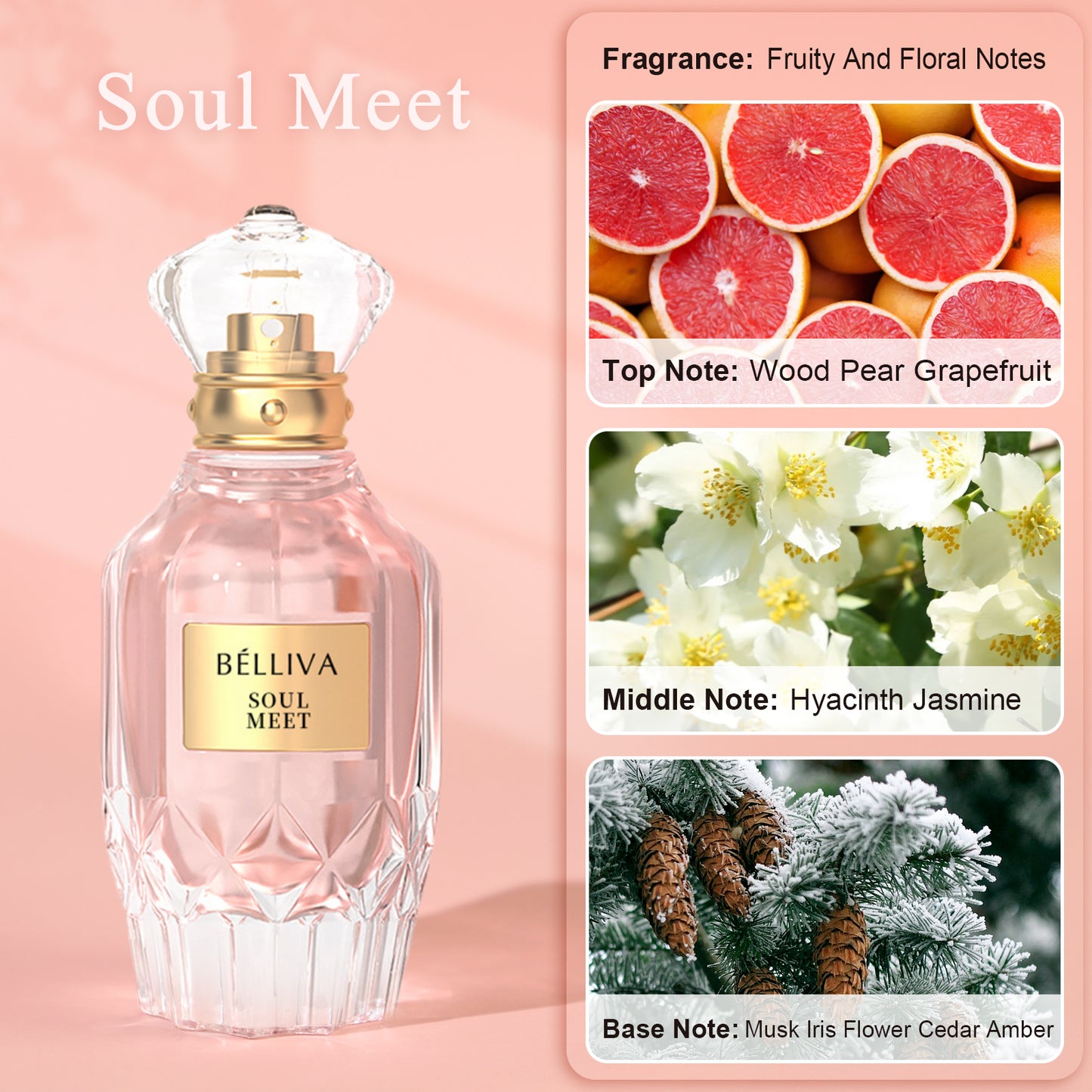 BELLIVA Soul Meet 50ml Women's Eau De Parfum+2 x 5ml Fragrance Roller Balls,Long Lasting Fresh Floral and Fruity Scented Perfume