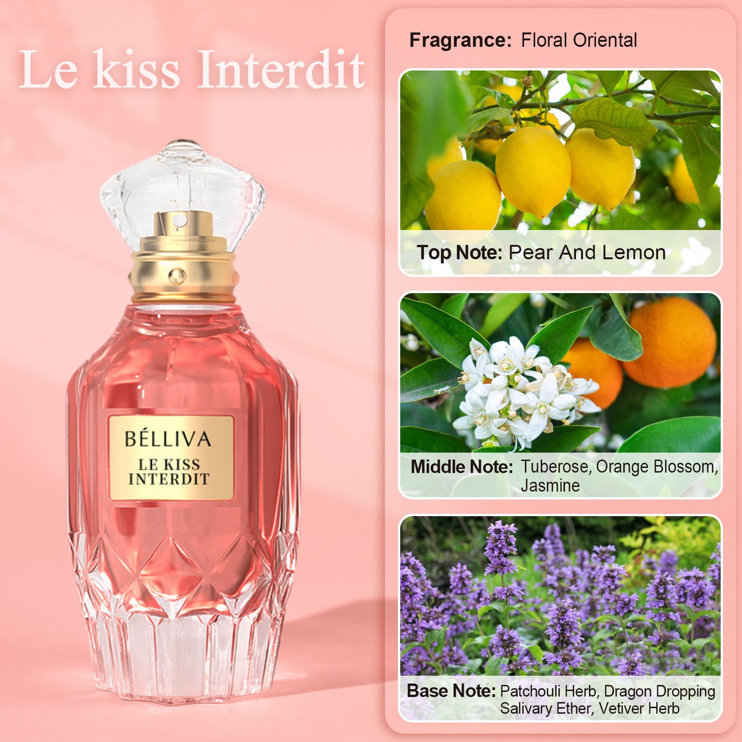 BELLIVA Le kiss Interdit 50ml Women's Eau De Parfum+2 x 5ml Fragrance Roller Balls,Long Lasting Fresh Floral and Fruity Scented Perfume