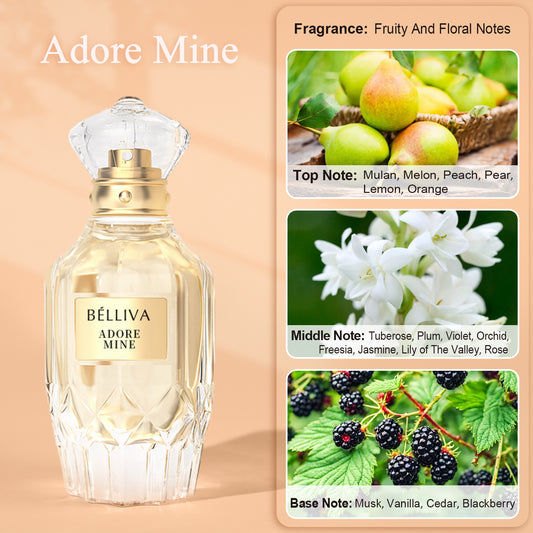 BELLIVA Adore Mine 50ml Women's Eau De Parfum+2 x 5ml Fragrance Roller Balls,Long Lasting Fresh Floral and Fruity Scented Perfume