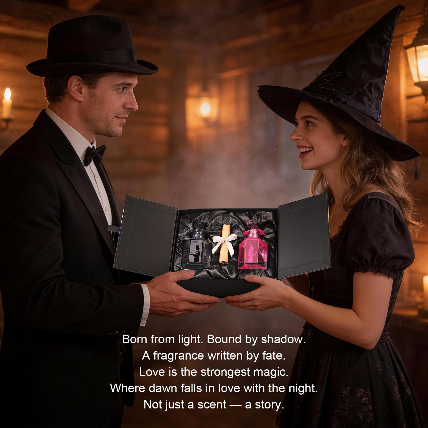 BELLIVA Witch Couple Perfume Set 2×50ml – Aurora Witch & Shadow Warlock – Amber Floral & Vanilla Aromatic – Long-Lasting Romantic & Mysterious Witch Fragrance – Elegant Gift Set for Valentine’s Day & Special Occasions