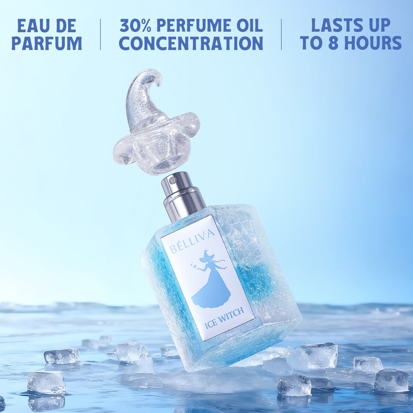 Belliva Ice Witch Eau de Parfum 50ml – 30% Perfume Essence, Long-Lasting Musk Fragrance, Collectible Ice Crack Bottle, Elegant Winter Scent for Women