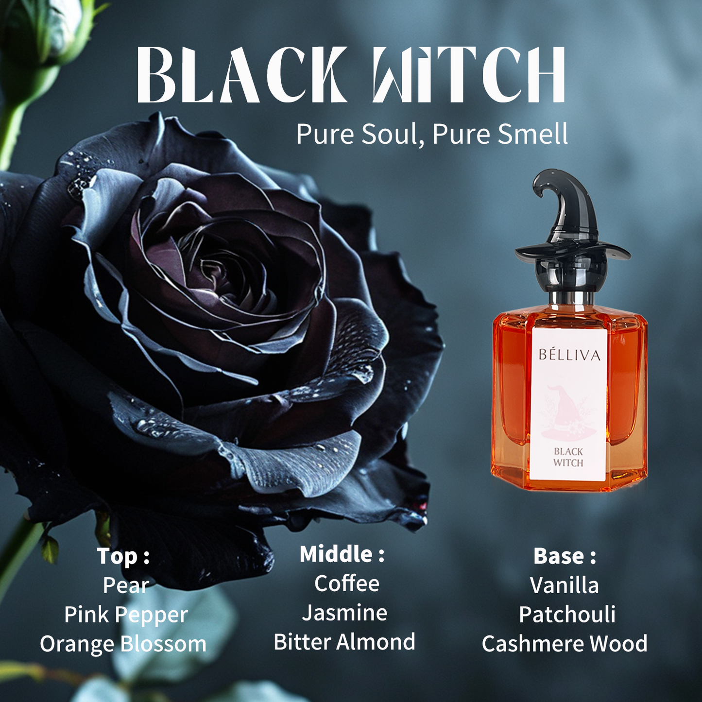 BELLIVA Black Witch EDP Spray 50 ml - Fragancia floral de larga duración para mujer con notas de flor de naranja, jazmín y vainilla. Eau de Parfum para mujer.