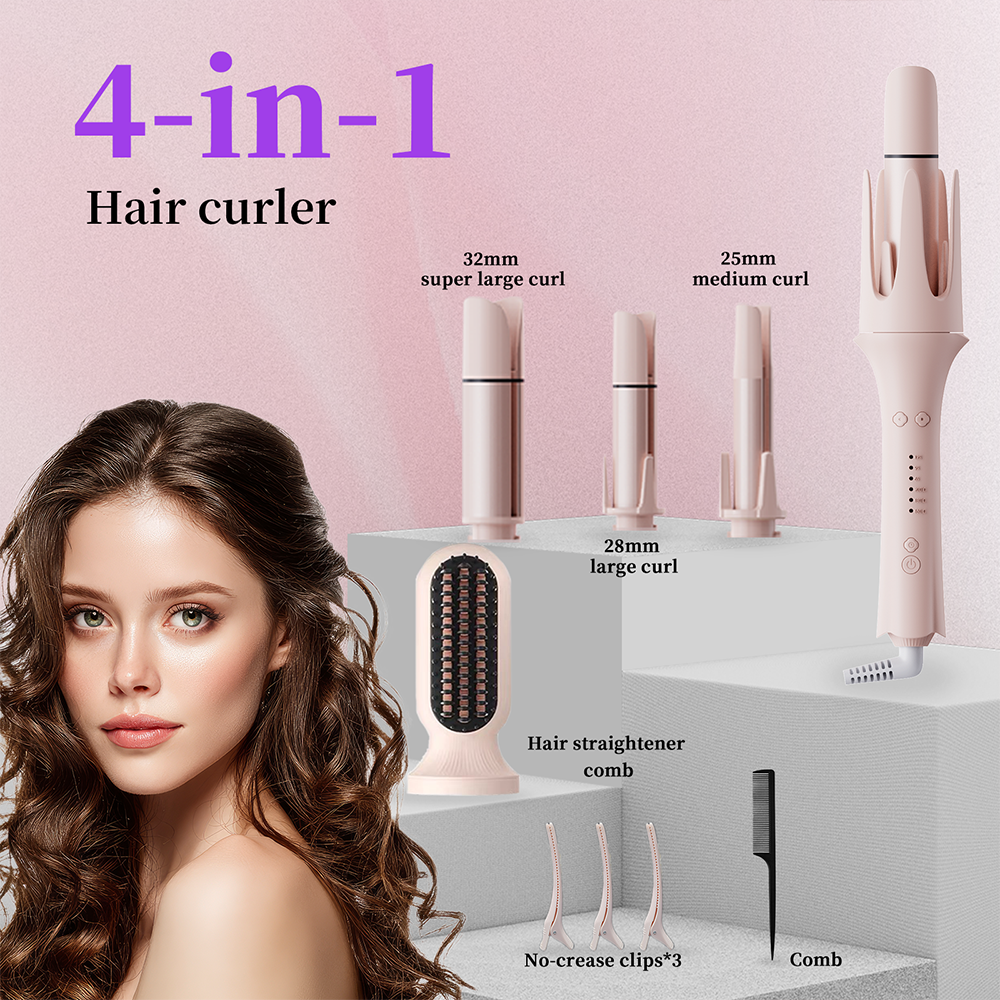 Automatic 4-in-1 Hair Styler Kit (Straightener Brush & Auto Curler) – 3000W Negative Ion Hair Care, 3 Heat Settings, 360° Auto Curl in One Click for Effortless Curls, Smooth Straightening & Voluminous Hair