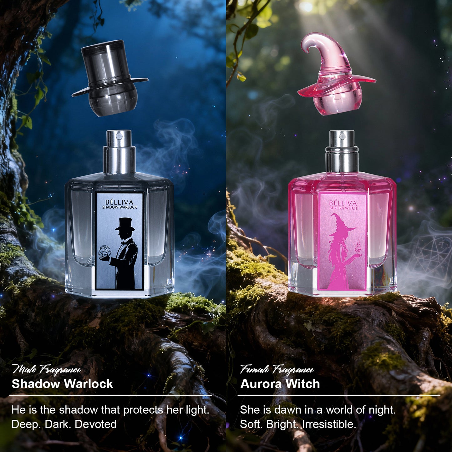 BELLIVA Witch Couple Perfume Set 2×50ml – Aurora Witch & Shadow Warlock – Amber Floral & Vanilla Aromatic – Long-Lasting Romantic & Mysterious Witch Fragrance – Elegant Gift Set for Valentine’s Day & Special Occasions