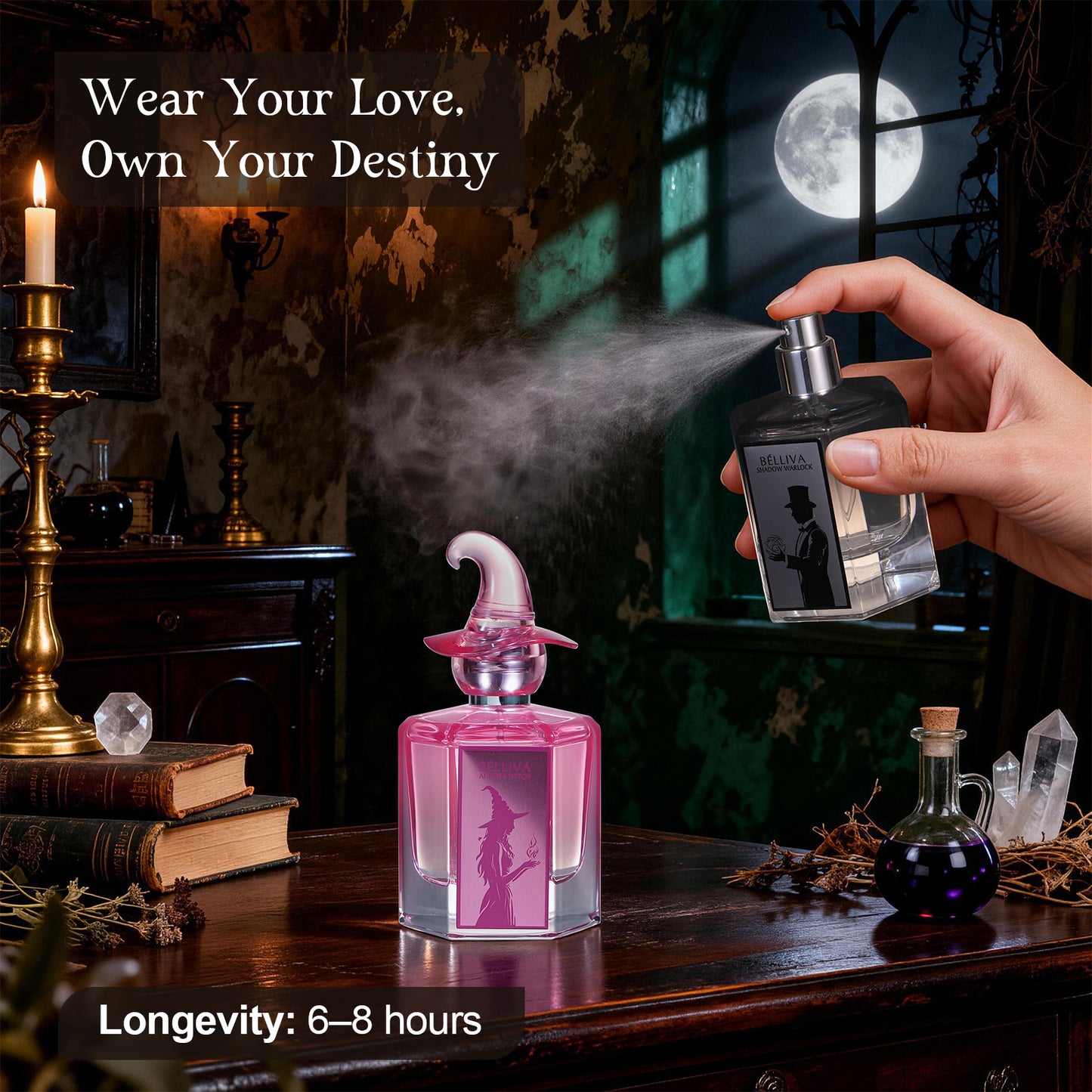 BELLIVA Witch Couple Perfume Set 2×50ml – Aurora Witch & Shadow Warlock – Amber Floral & Vanilla Aromatic – Long-Lasting Romantic & Mysterious Witch Fragrance – Elegant Gift Set for Valentine’s Day & Special Occasions
