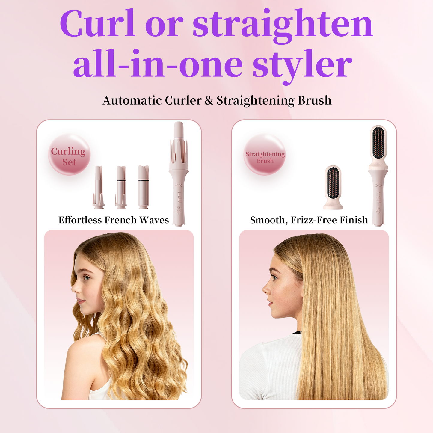 Automatic 4-in-1 Hair Styler Kit (Straightener Brush & Auto Curler) – 3000W Negative Ion Hair Care, 3 Heat Settings, 360° Auto Curl in One Click for Effortless Curls, Smooth Straightening & Voluminous Hair