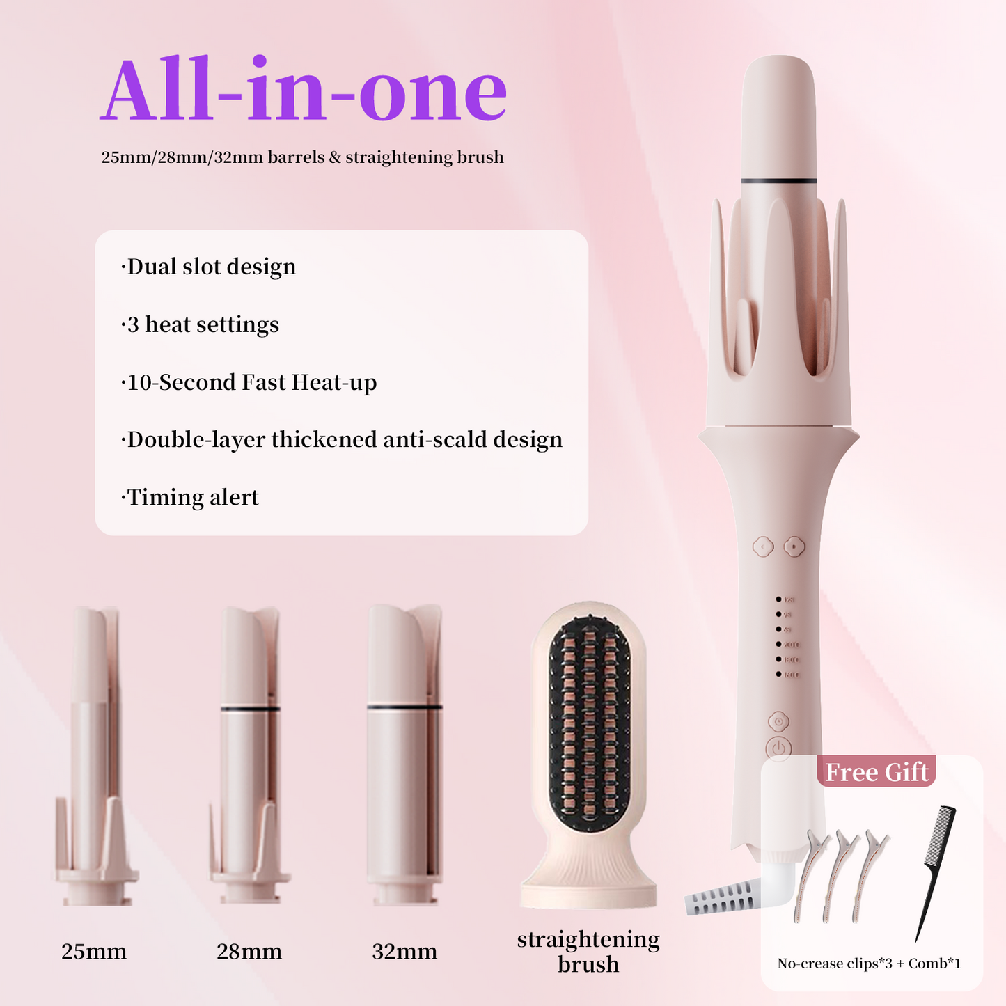 Automatic 4-in-1 Hair Styler Kit (Straightener Brush & Auto Curler) – 3000W Negative Ion Hair Care, 3 Heat Settings, 360° Auto Curl in One Click for Effortless Curls, Smooth Straightening & Voluminous Hair