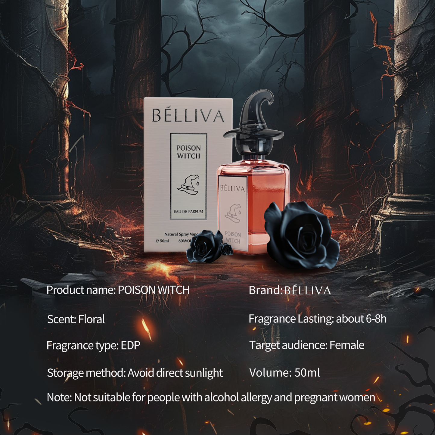 BELLIVA Poison Witch EDP Spray 50ml,Cruelty-Free, Long Lasting Eau De Parfum for Women,Long Lasting Fragrance with Rose | Orange Blossom | Vanilla Notes