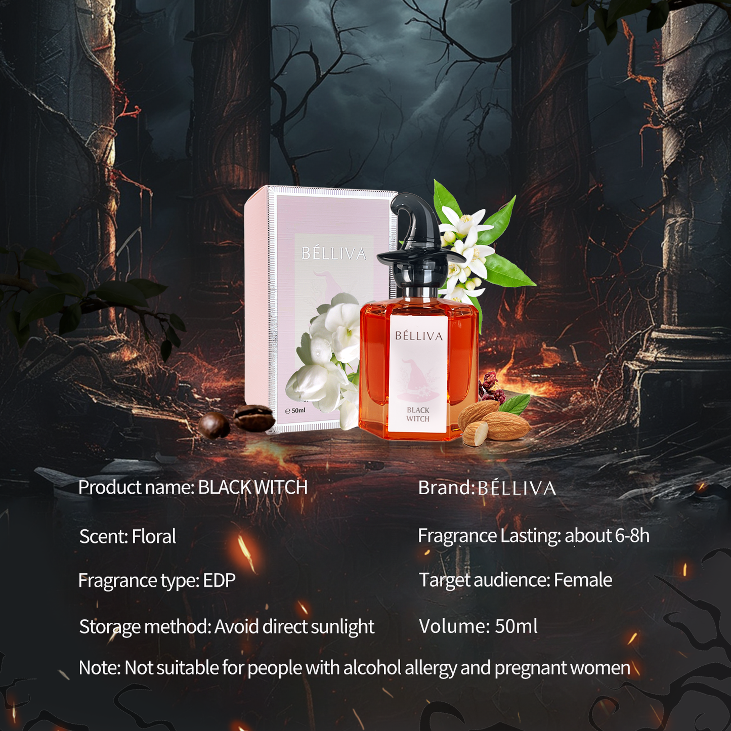 BELLIVA Black Witch EDP Spray 50 ml - Fragancia floral de larga duración para mujer con notas de flor de naranja, jazmín y vainilla. Eau de Parfum para mujer.